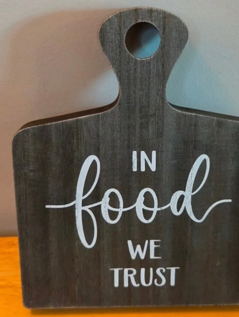Farmhouse Cutting Board with 'In Food We Trust' Print